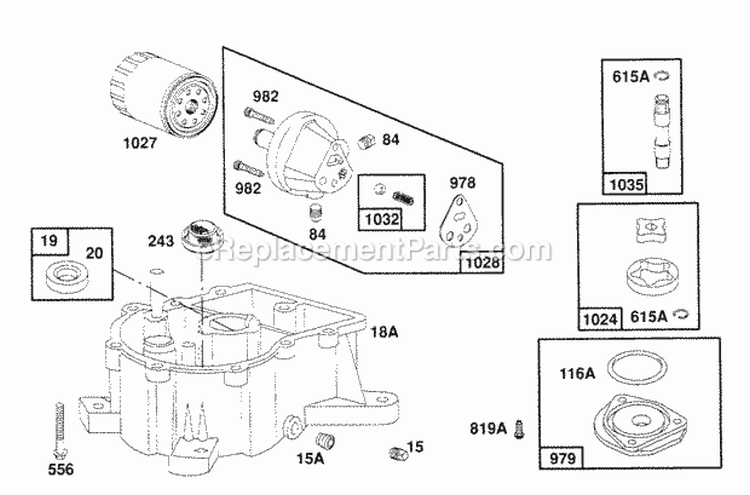 Oil Pump Sump Base Assembly Diagram and Parts List for 404707-1207-01  Briggs and Stratton Engine
